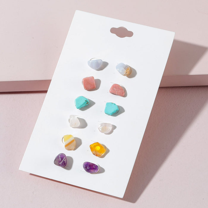6 Pairs Multi Color Natural Crushed Stone Stud Earrings Set
