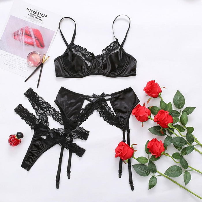 Women's Sexy Lingerie Lace Garter Underwear Three-piece Set