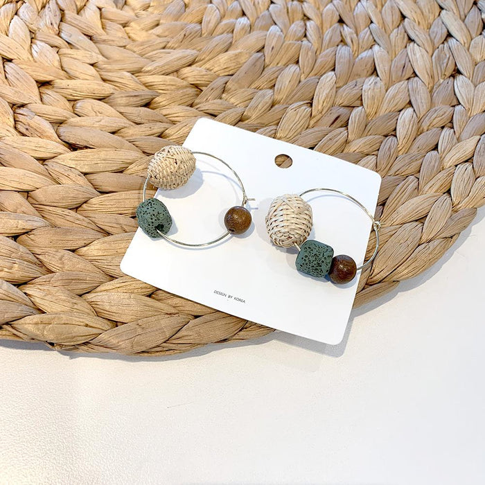 Contrast colour Retro Wood Bead Stone Rattan Earrings