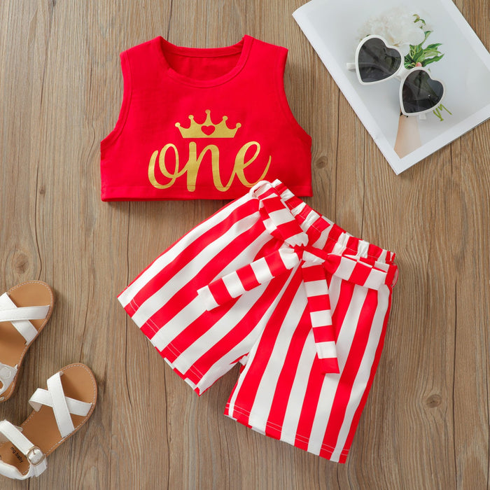 Solid color letter printed vest short shirt fashion stripe bow two piece set