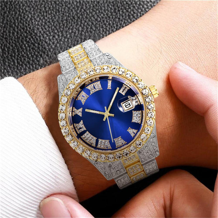Stainless Steel Watch Big Rhinestone Men's Roman Scale Calendar Hip-hop Watches
