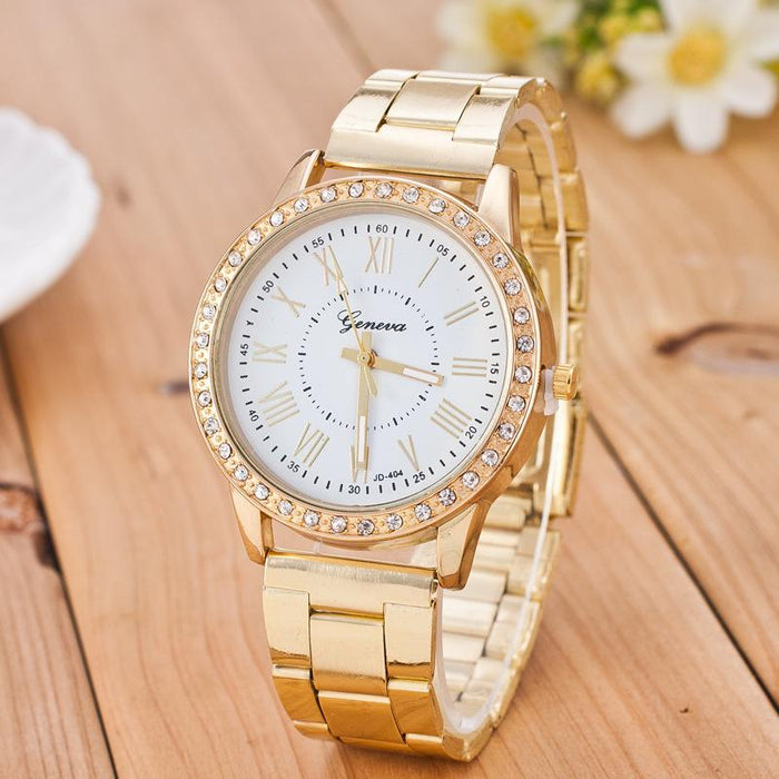 New Women Luxury Gold Quartz Stainless Steel Rhinestone Wristwatch