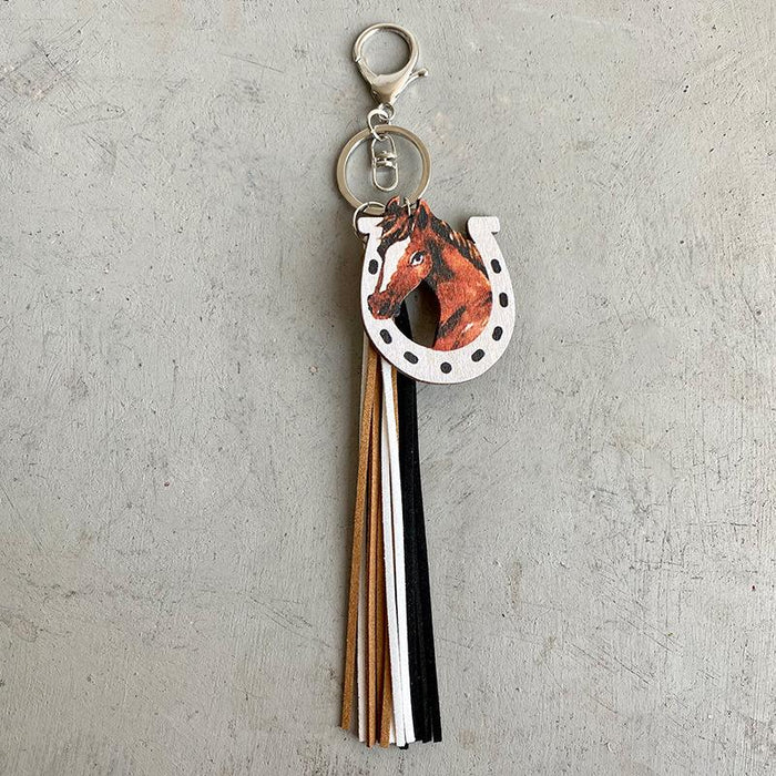 Western Style Keychains Wooden Pendant Leather Tassel Gift