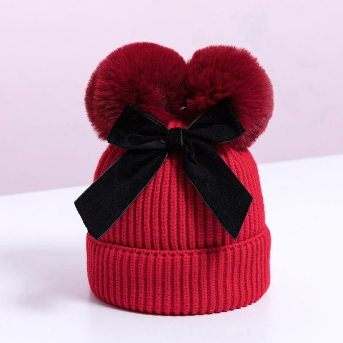 Double Plush Ball Kids Thickened Knit Bow Hat