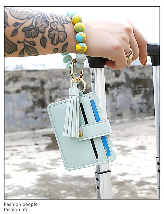 Silicone Leather PU Tassel Card Bag Bracelet Keychain