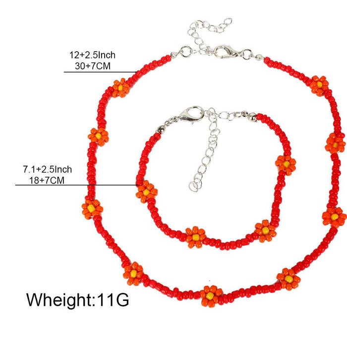 Women's Jewelry Creative Rice Bead Woven Flower Necklace Set