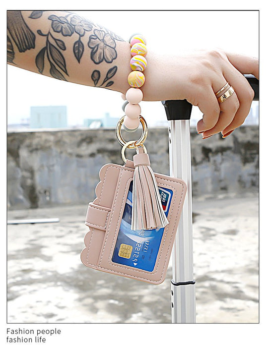 Silicone Leather PU Tassel Card Bag Bracelet Keychain