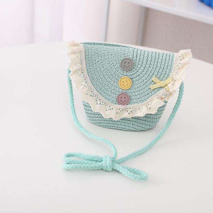 Trendy Three-color Button Children's Lace Straw Hat Bag Set