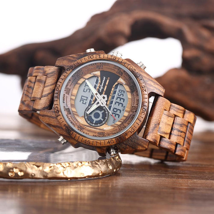 New LCD Dual Display Electronic Outdoor Sports Luminous Wooden Watch