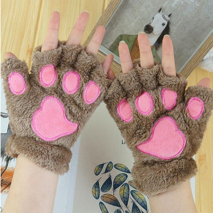Women Cartoon Gloves Student Winter Fingerless Warmth Padded Gloves