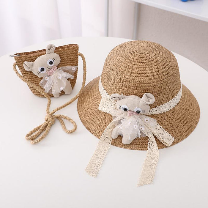 Summer Trendy Lace Cat Children's Grass Bucket Hat Bag Set