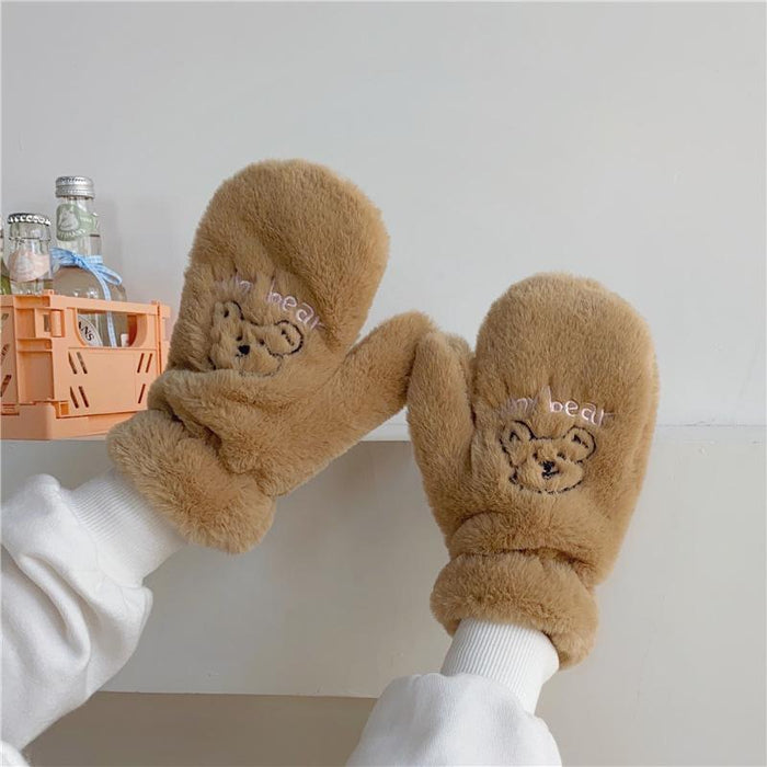 Bear Embroidery Soft Plush Gloves Women Winter Warm