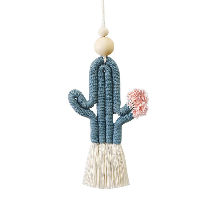 Hand Woven Cactus Pendant Cotton Rope Wood Bead Tassel Pendant