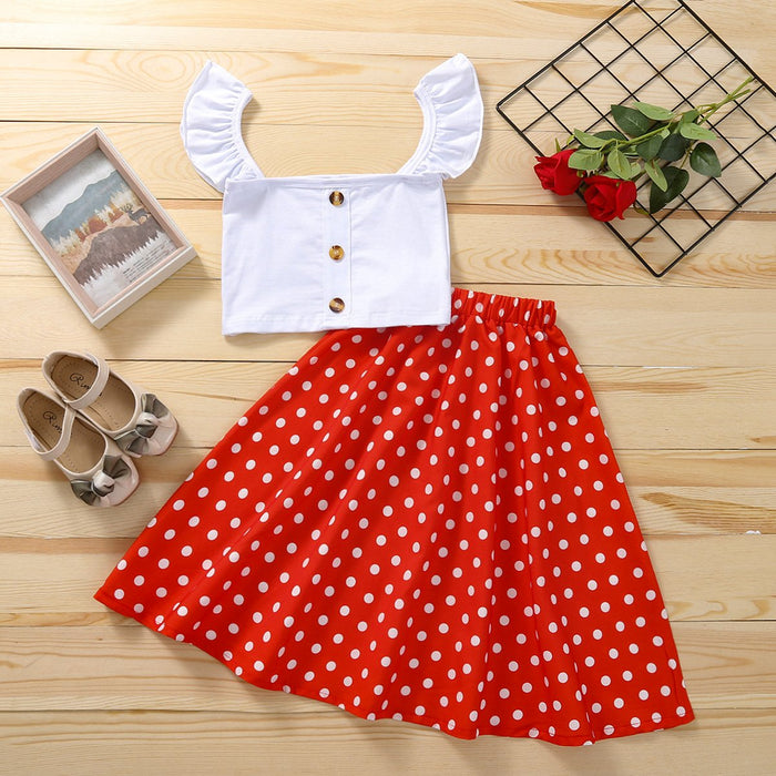 White blouse red dot pleated skirt two piece suit