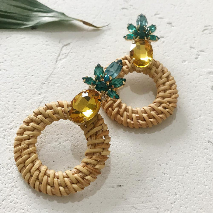 Geometric Round Rhinestone Fruit Pineapple Rattan Earrings