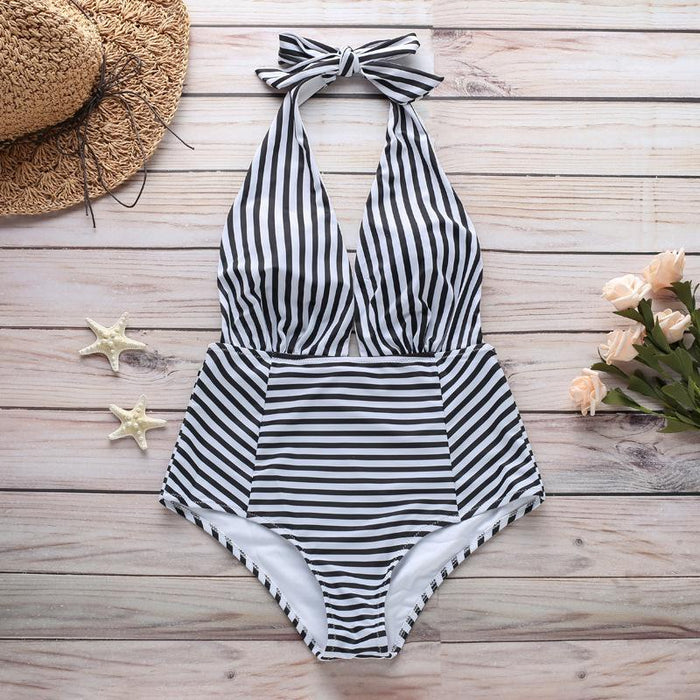 Sexy Stripe Deep V-neck One-piece Bikini Swimsuit
