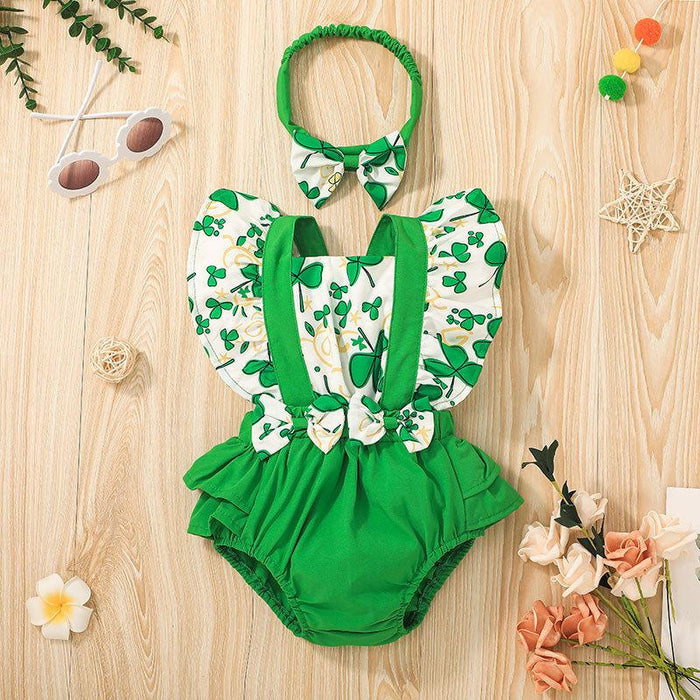 Baby Summer Green Leaves Jumpsuit Headband Set
