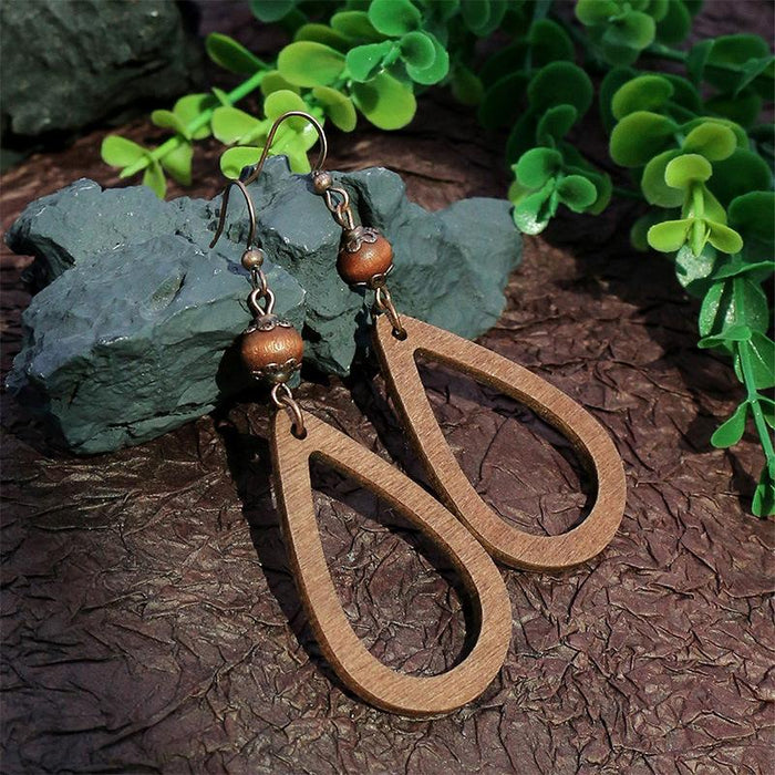 Tassel Vintage Wooden Beads Woven Geometric Hollow Earrings Jewelry