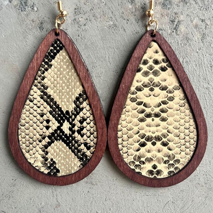 Water Drop Snake Skin Pattern Leather Wood Frame Earrings