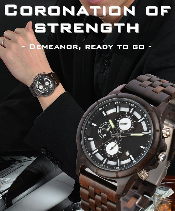 New Men's Business Multifunctional Luminous Large Dial Wooden Quartz Watch