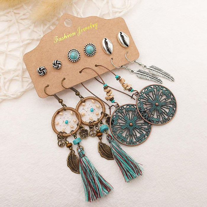 Vintage Long Tassel Leaf Feather Earring Set Jewelry