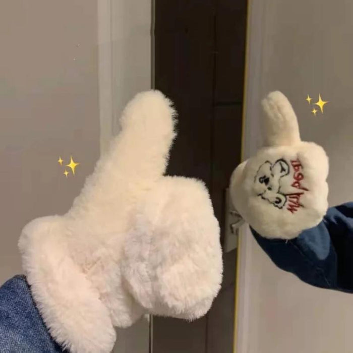 Bear Embroidery Soft Plush Gloves Women Winter Warm