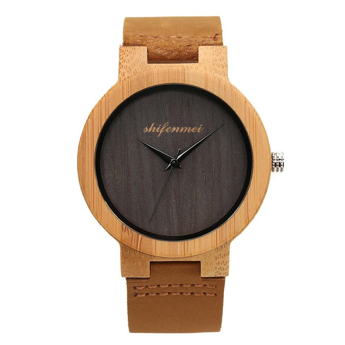 Men's Fashion Simple Bamboo Wood Watch Classic Leather Strap Quartz Watch