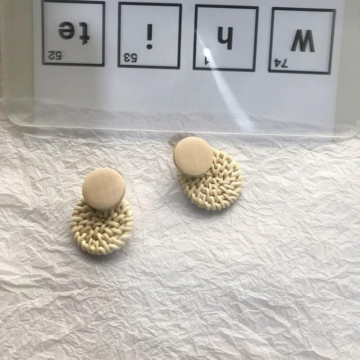 Geometric Circular Bamboo Rattan Woven Wooden Earrings