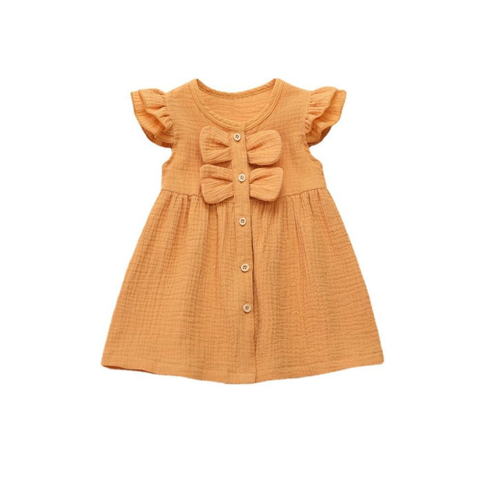 Cotton linen crepe small flying sleeve double bow stitched princess skirt