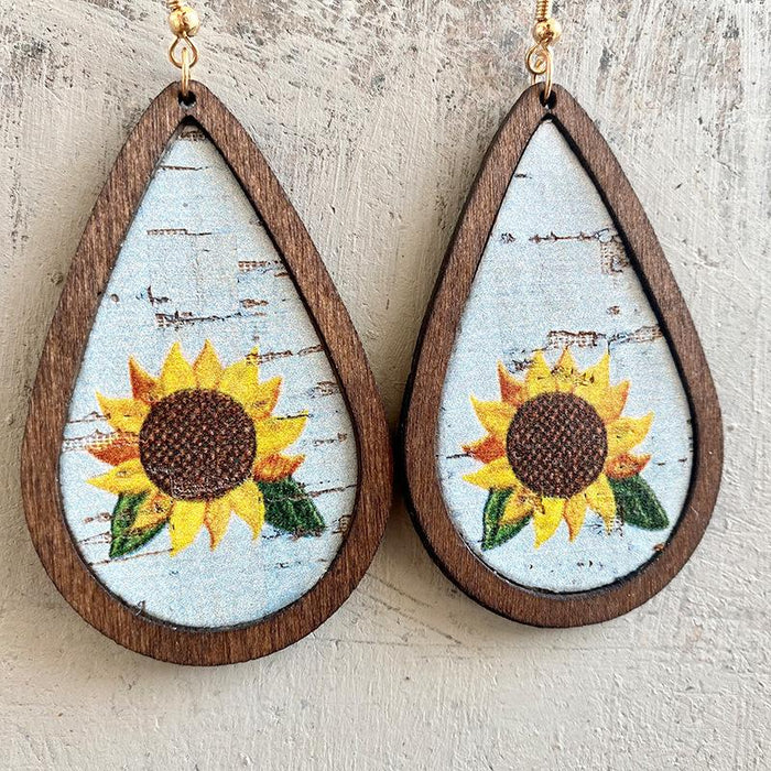 New Sunflower Cracked Drop Shape Women's Wooden Earrings