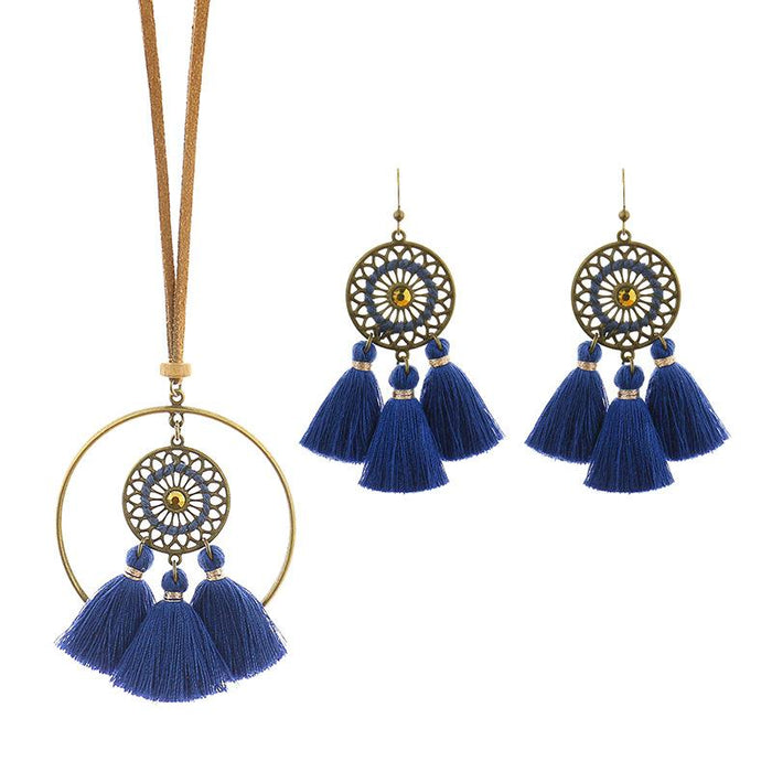 Bohemian Necklace Earring Set Handmade Tassel Hollowed Out Pendant
