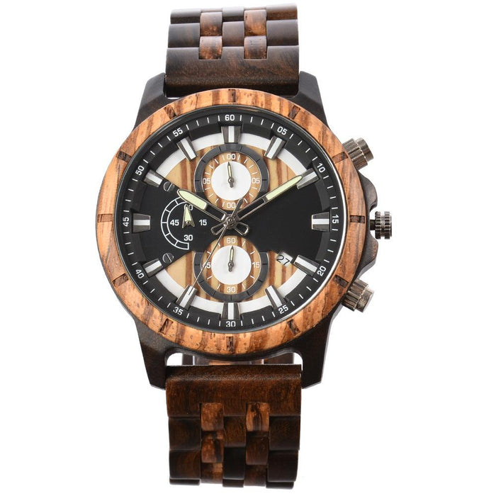 New Men's Business Multifunctional Luminous Large Dial Wooden Quartz Watch