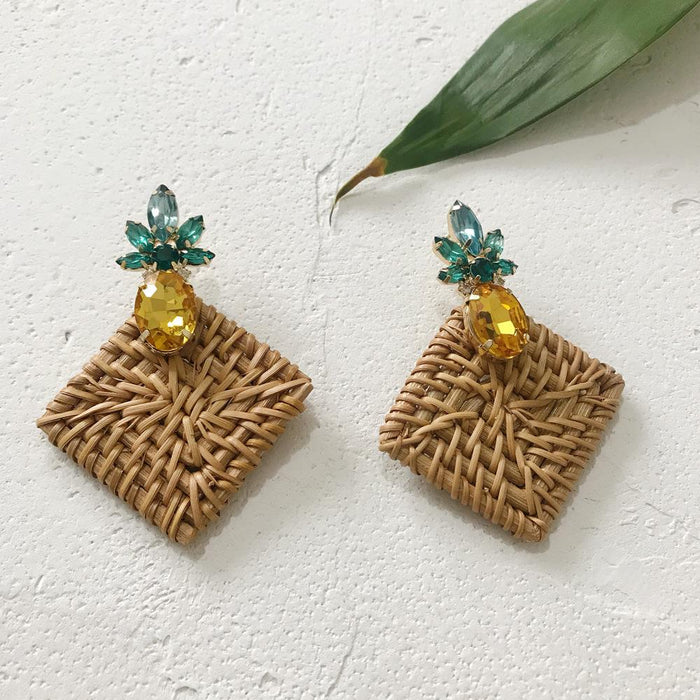 Geometric Round Rhinestone Fruit Pineapple Rattan Earrings