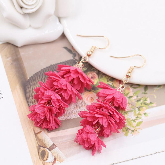 Women's Fashion Simple Fabric Flower Tassel Earrings