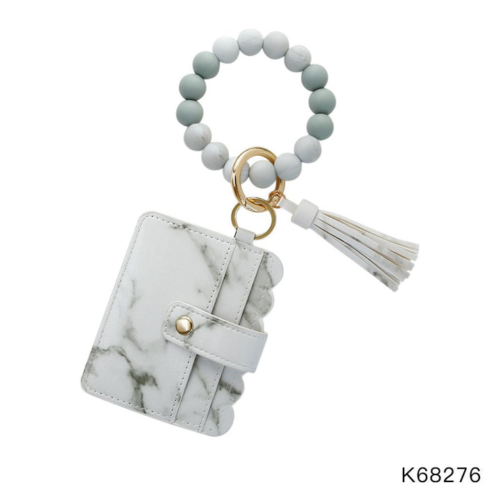 Tassel PU Leather Card Holder Silicone Bead Bracelet Keychain