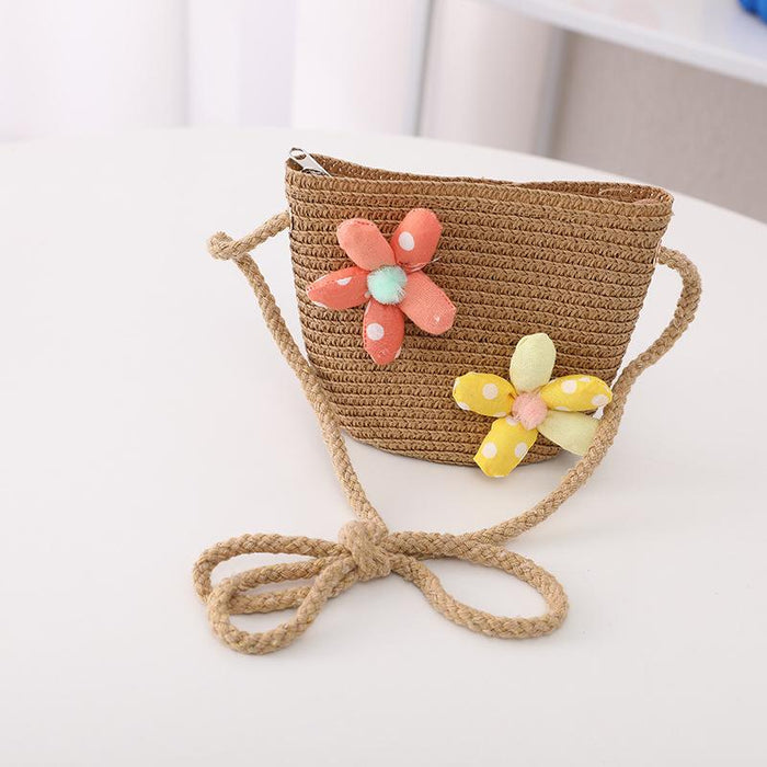 Summer Trendy Flower Streamer Children's Straw Hat Bag Set