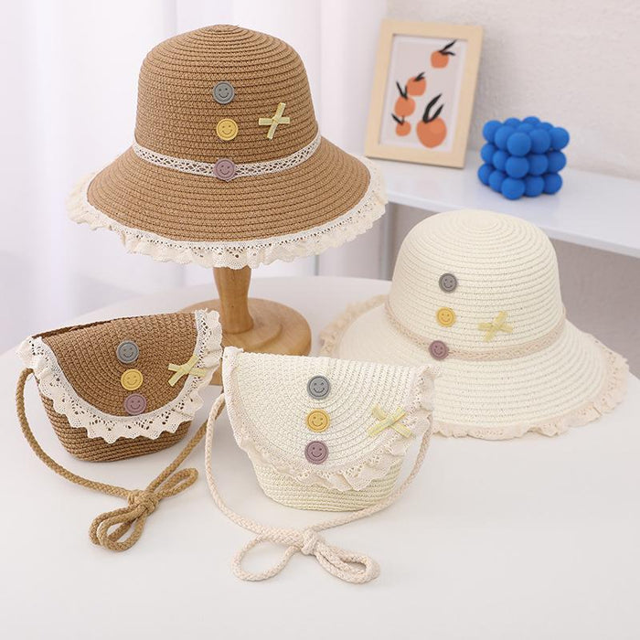 Trendy Three-color Button Children's Lace Straw Hat Bag Set