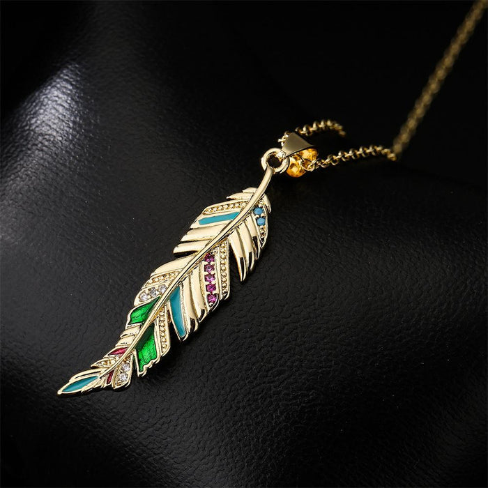 Vintage Boho Oil Dropped Zircon Leaf Pendant Necklace