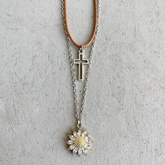Western National Style Personalized Sunflower Cross Feather Necklace