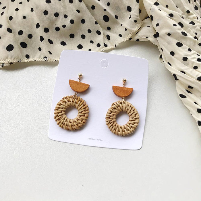 Fashion Geometric Circular Rattan Wood Earrings