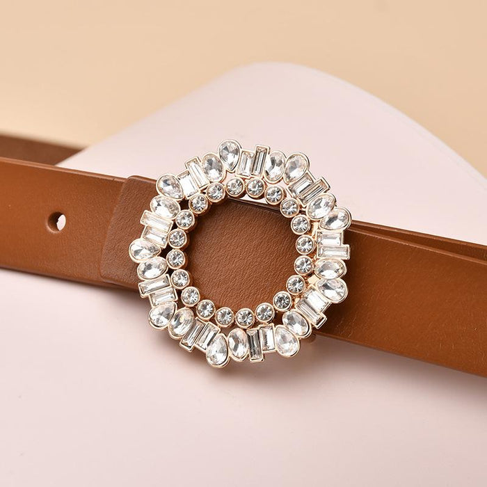 New Women's Inlaid Crystal Diamond Square Buckle Decorative Leather Belt