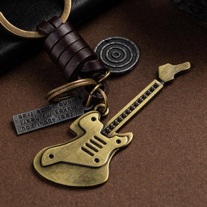 Vintage guitar leather metal key chain creative small gift hand woven car key chain pendant
