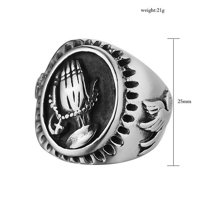 Christian Hands Prayer Peace Pigeon Titanium Steel Ring