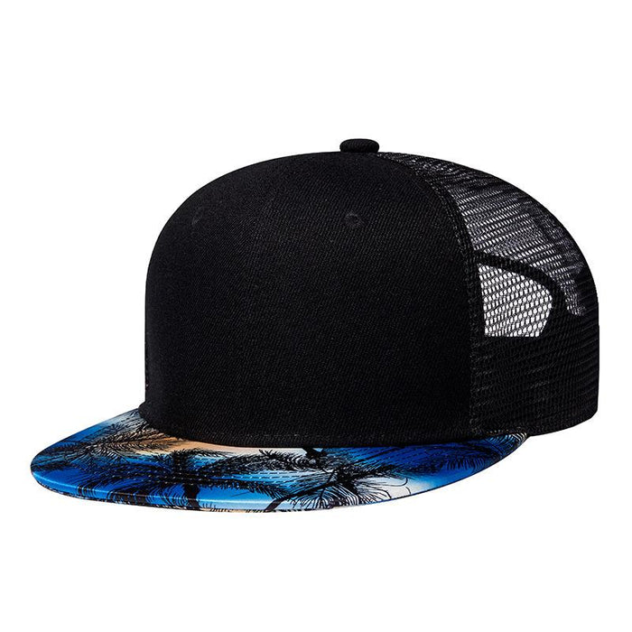 New Mesh Cap Coconut Tree Blue Flat Brim Hip Hop Sun Hat