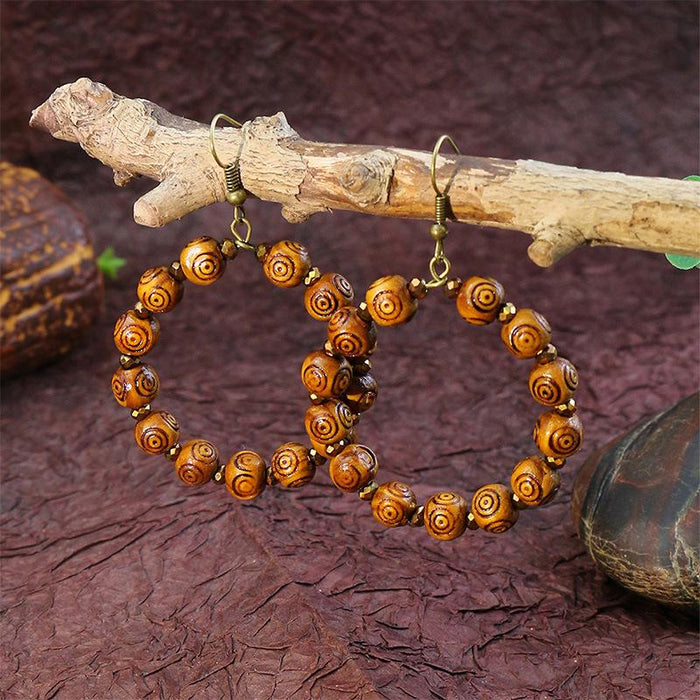 Tassel Vintage Wooden Beads Woven Geometric Hollow Earrings Jewelry
