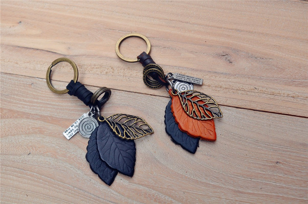 Creative Keychains men's and women's small gift leather leaf Vintage woven Keychains