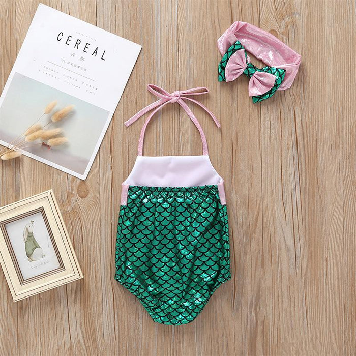 Girls Lovely Mermaid Suspender One-piece Swimsuit Set