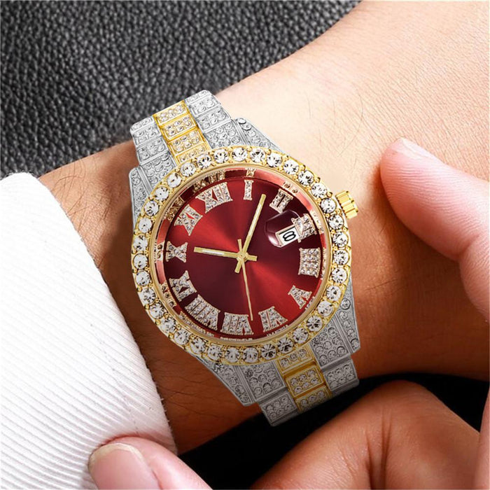 Stainless Steel Watch Big Rhinestone Men's Roman Scale Calendar Hip-hop Watches