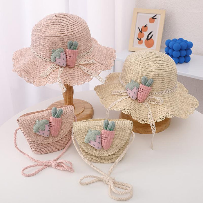 Cute Strawberry Radish Children's Wavy Straw Hat Bag Set