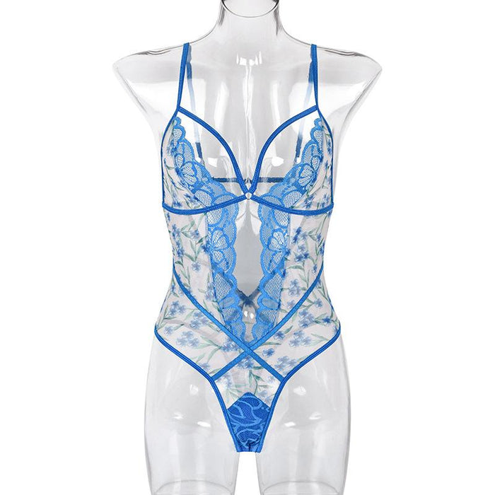 Women's Summer Mesh Lingerie Floral Print Slim Bodysuit